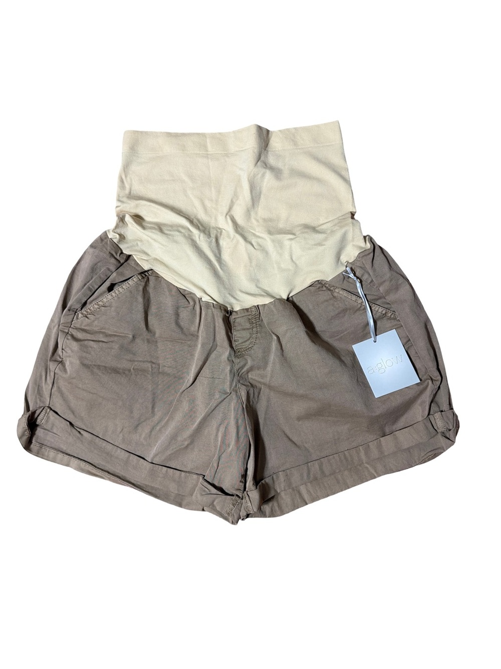 a:glow Taupe Cargo Maternity Shorts with Cream Belly Panel- Size 14